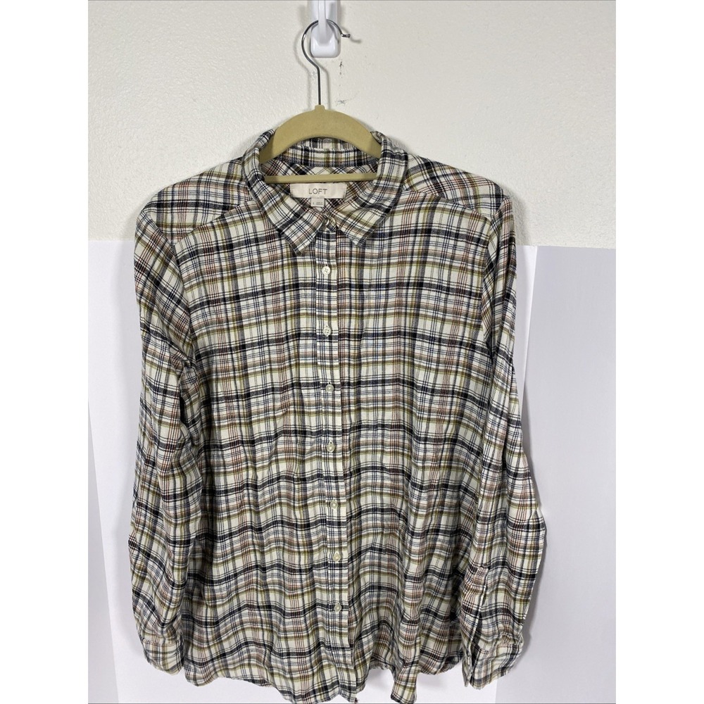 Ann Taylor LOFT Womens Flannel Button Up Plaid‎ Long Sleeve Shirt Brown L R1